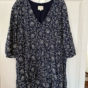 Sezane Navy Eyelet Tiered Long Sleeve Dress